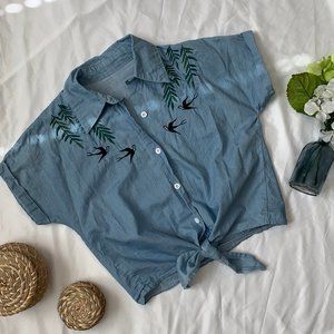 Shein Embroidered Chambray Tie Crop Top